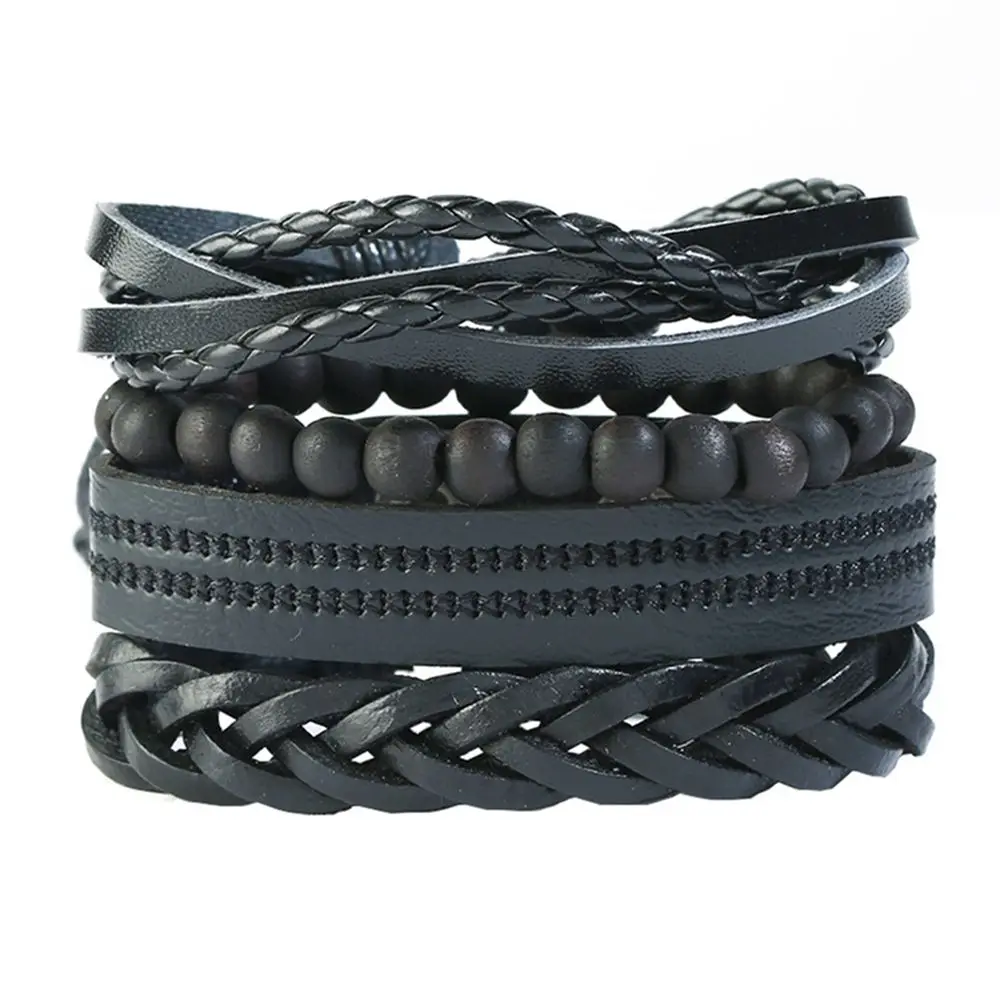

Hot 4 Pcs /Set Braided Wrap Leather Bracelet for Men Women Multi Layer Vintage Wooden Beads Ethnic Tribal Wristbands Bracelet