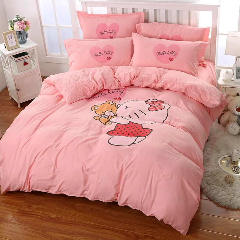 Hello Kitty Cartoon Bedding Set Quilt Cover Bed Sheet High Quality Pink Microfiber Full King Size Kids | Дом и сад