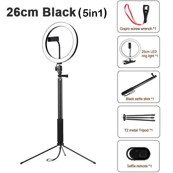 26cm black 5 in 1 Светодиодный селфи светильник ing кольцевой светильник 16/20/26 см фон для фотосъемки с регулируемой яркостью для макияжа мобильного телефона в реальном времени Studio с общим объемом 180 см штатив-тренога USB разъем - Цвет: 26cm black 5 in 1