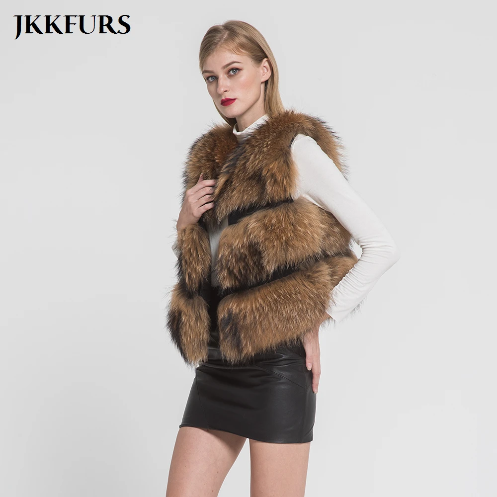 Новое поступление женский жилет JKKFURS из натурального меха енота модный стильный