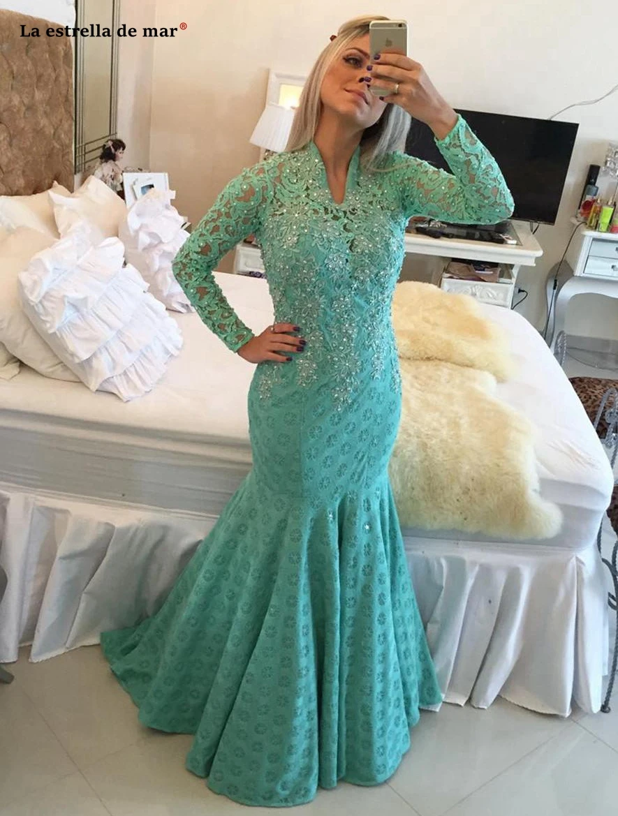Vestidos de gala2019 новые сексуальные кружевные платья с v-образным вырезом и длинными рукавами, бирюзовые сексуальные платья для выпускного вечера с русалочкой, высокое качество