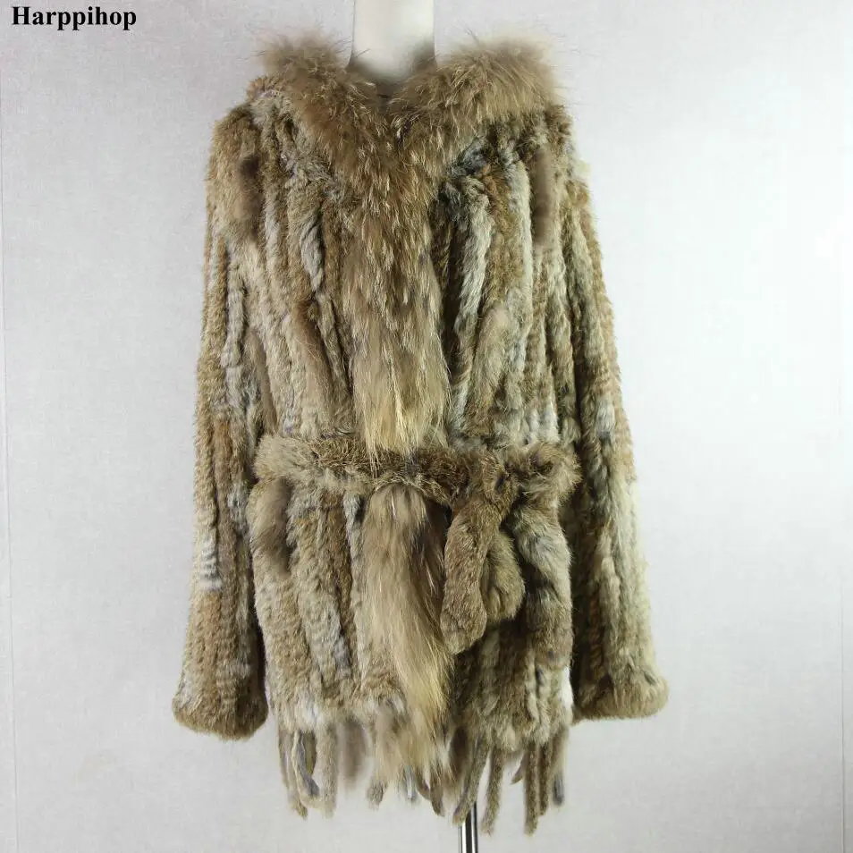 free shipping lady knitted Real rabbit fur coat/ jacket/ outware with hood women belt long with tassels 2019 Brazil hot sale