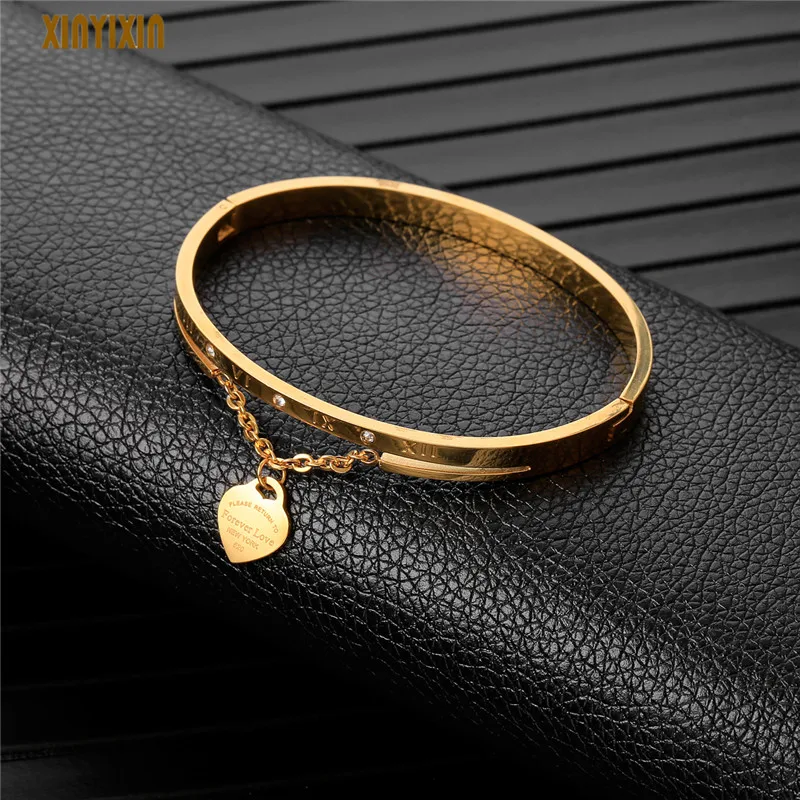 

Simple Gold Heart Cuff Bangle Women Stainless Steel Carving Roman Numeral Bangle Cubic Zirconia Fashion Jewelry 2019 Accessory