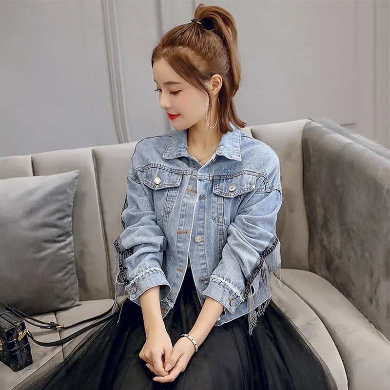 

UHYTGF Spring autumn Jean jacket Womens Loose plus size coat Fashion bat sleeve tassel short coat outerwear jaqueta feminina 505