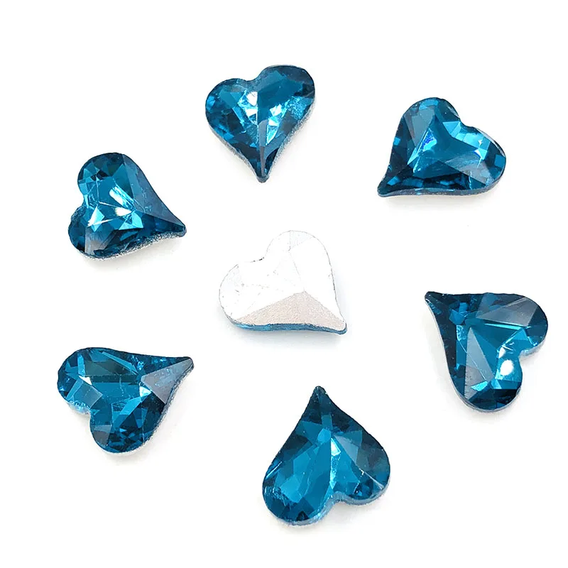 Peacock blue Новинка, горячая Распродажа, 12X13 мм, 30 шт., Перекошенные стеклянные стразы в форме сердца, стразы с заостренным носком, кристаллы, смешанные цвета, клеевые стразы, аксессуары для DIY - Цвет: Peacock blue