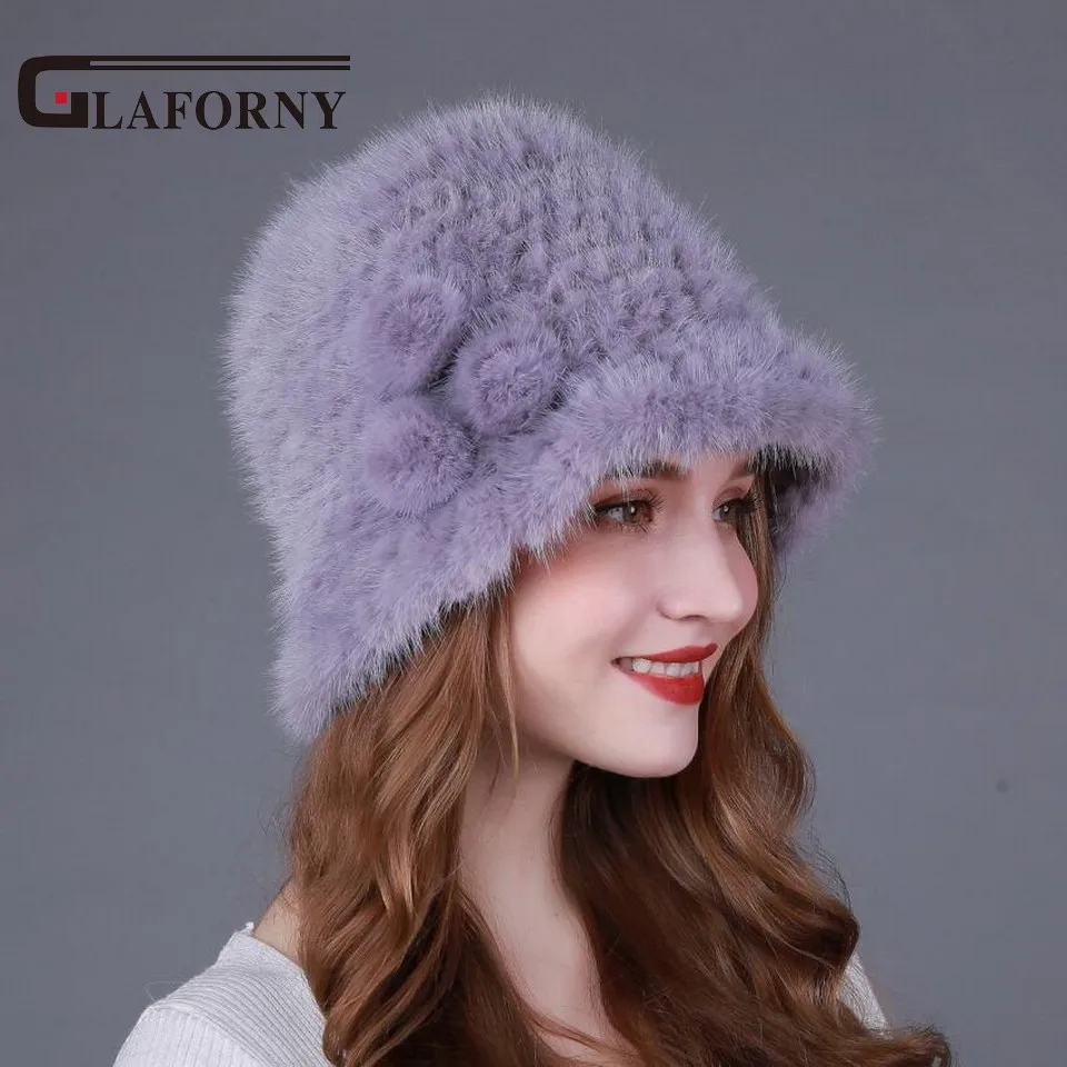 Glaforny 2017 натуральная вязаная норковая меховая Панама с цветком зимняя женская