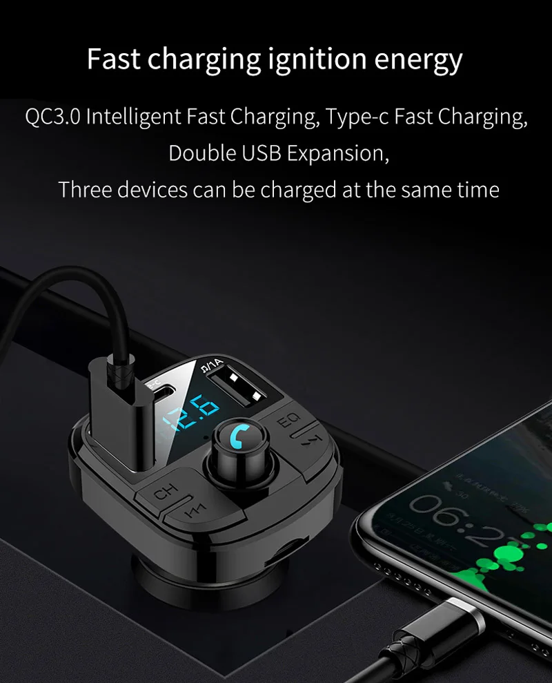 Автомобильное зарядное устройство Tikigogo QC3.0 с функцией быстрой зарядки 3 USB Bluetooth