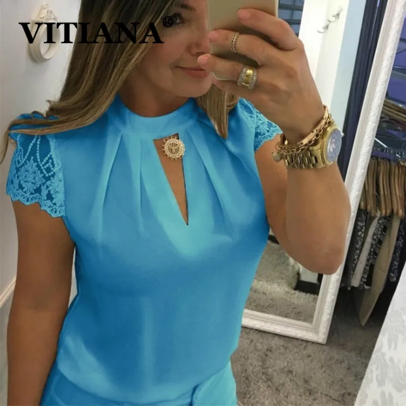 VITIANA, Женская официальная блузка, летняя, женская, короткий рукав, Холтер, одноцветная, черная, белая, тонкая, сексуальная, блузки, для девушек, офисная, рабочая одежда