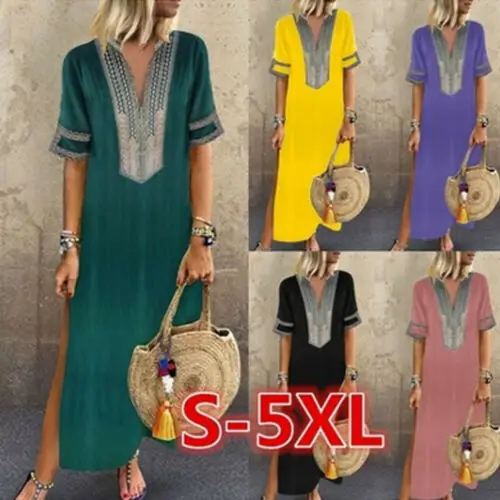 Женское длинное платье из хлопка и льна в этническом стиле повседневное пляжное