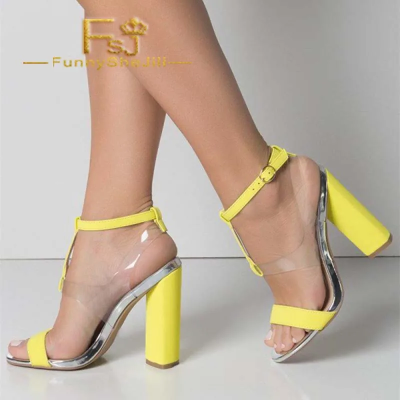 Желтые прозрачные босоножки на массивном каблуке ремешке Необычные