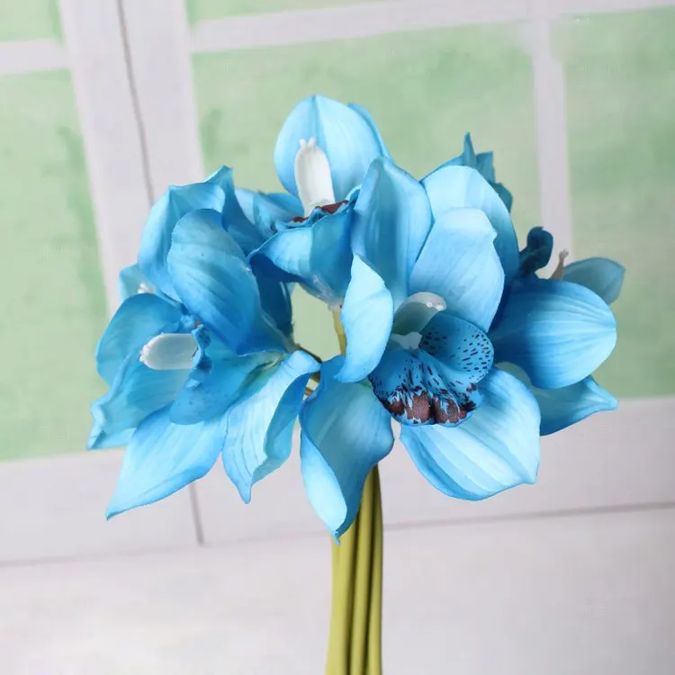 Небесно-голубой 6 головок, настоящее прикосновение, Cymbidium, короткая съемка, украшение стола, искусственные цветы, орхидеи, сделай сам, для свадьбы, невесты, ручной работы, цветы, домашний декор - Цвет: Небесно-голубой
