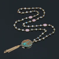 natural labradorite long necklace handmade gold chain tassel green stone necklace rectangle rose quartz bead necklaces for women