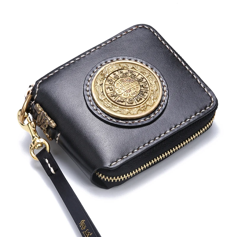 

Short Black Cow Leather Delicate Pendant Wallets Purses Women Design Of metal Disk Vegetable Tanned Leather Wallet Card Holder