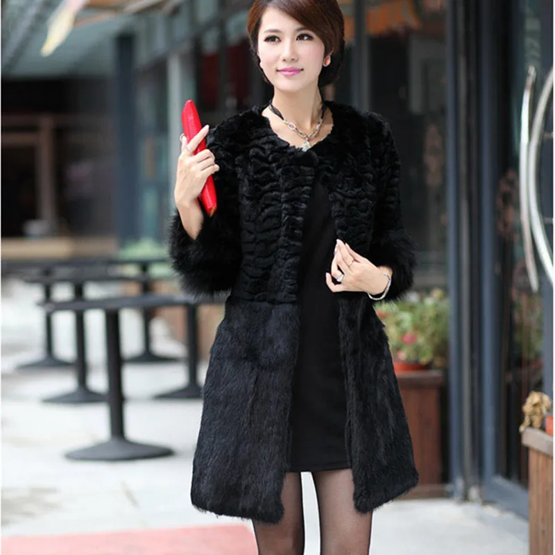 Женская Шуба с кроличьим мехом осенне зимнее меховое пальто рукавом 3/4 из меха