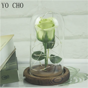 green YO CHO светодиодный мигающий Искусственный Розовый в колбе светодиодный светильник Роза микро-ландшафтное стекло крышка День Святого Валентина День матери коробка подарки - Цвет: green