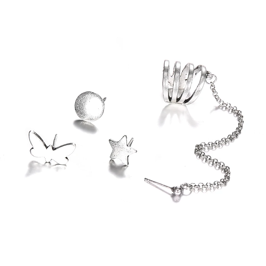 

Jewdy Silver Color Stud Earrings Butterfly Stars Round Earring Ethnic Bohemia Ear Clip For Women 4pcs Stud Earrings