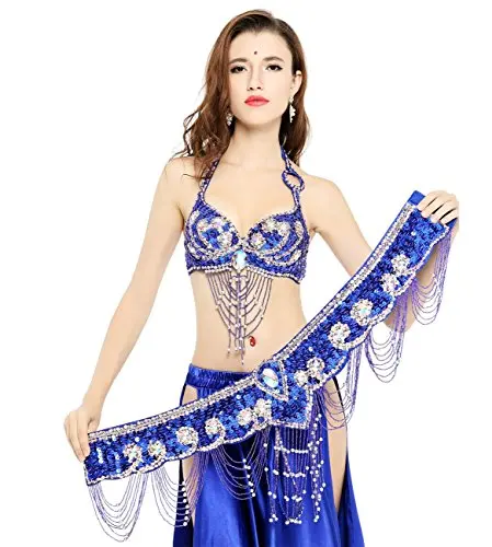 dark Blue Женский костюм для танца живота комплект бюстгальтера Топ и пояс для танца живота хип шарф Болливуд s m l xl B C чашка ручной работы 13 цветов - Цвет: dark Blue