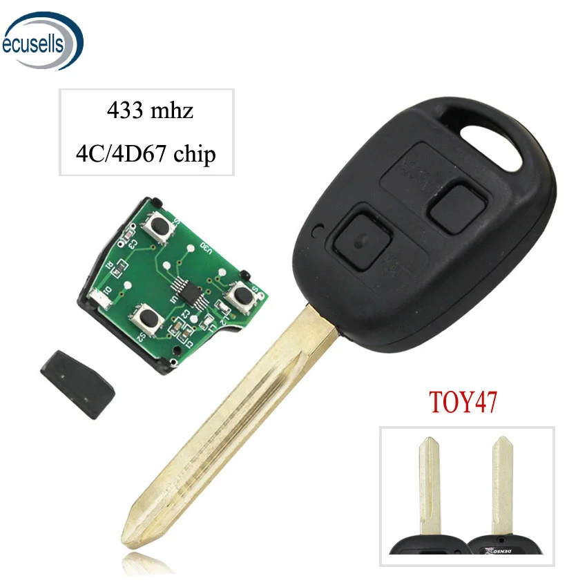 2 кнопки Брелок дистанционного ключа для Toyota RAV4 Corolla Yaris 433 МГц с 4C/4D67 чип внутри TOY47 Uncut Blade