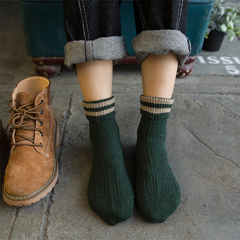 Повседневные полосатые зимние носки с двумя полосками женские теплые вязаные
