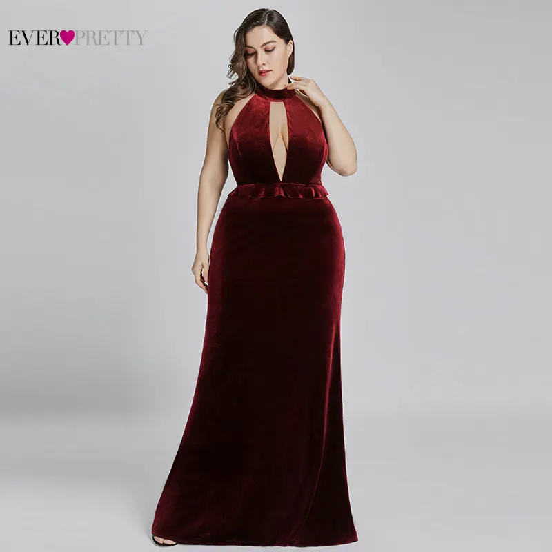 Новогоднее сексуальное бархатное длинное вечернее платье Ever Pretty EP07180 Холтер v-образный вырез велюровое рождественское вечернее платье с оборками платья