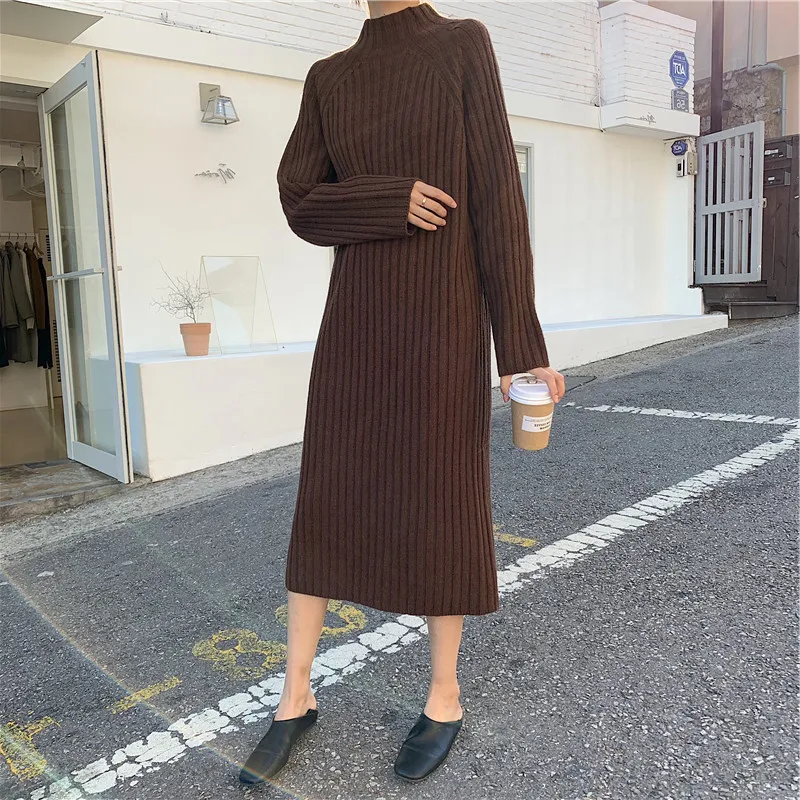 

Women Autumn Winter Solid Cotton Sweater Dresses Fashion Loose O-neck Pullover casual basic straight Knitted Long Dress Female