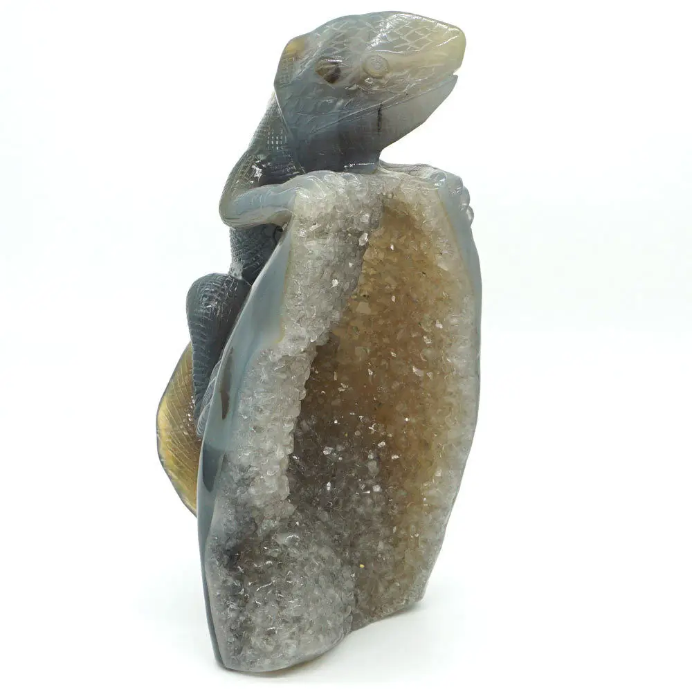 

6.7" Natural Gemstone Geode Grey Agate Lizard Carved Animal Statue Home Decor