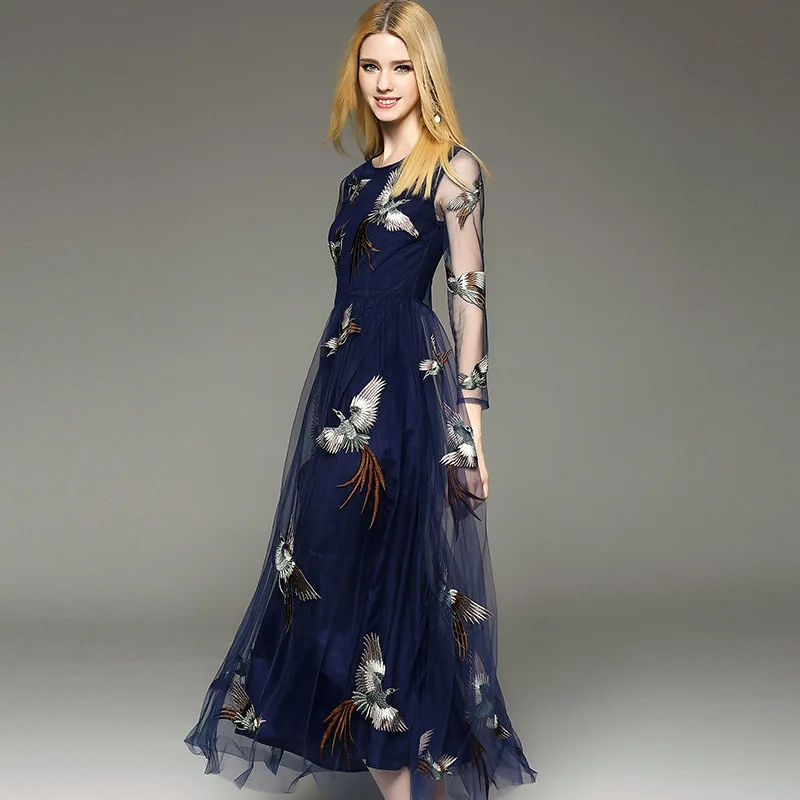 Женское длинное Сетчатое платье с вышивкой синее макси принтом Феникса