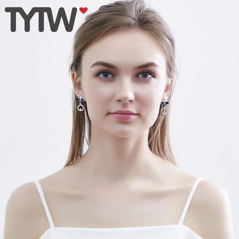 TYTW 925 Sterling Silver Dazzling Stud Earring Crystals form Austrian Blue Fashion Women Butterfly Earrings Chic Jewelry | Украшения и