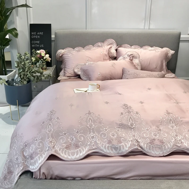 luxury Princess 100S Egyptian cotton Embroidery Bedding sets Queen King Wedding Duvet cover Bed sheet set Pillowcases 4/6pc pin | Дом и сад