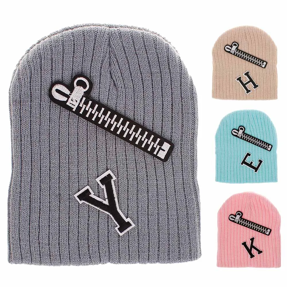 

Europe and the United States New Boys and Girls wool Knit Hat hot zipper Labeling letters Autumn and Winter caps caps