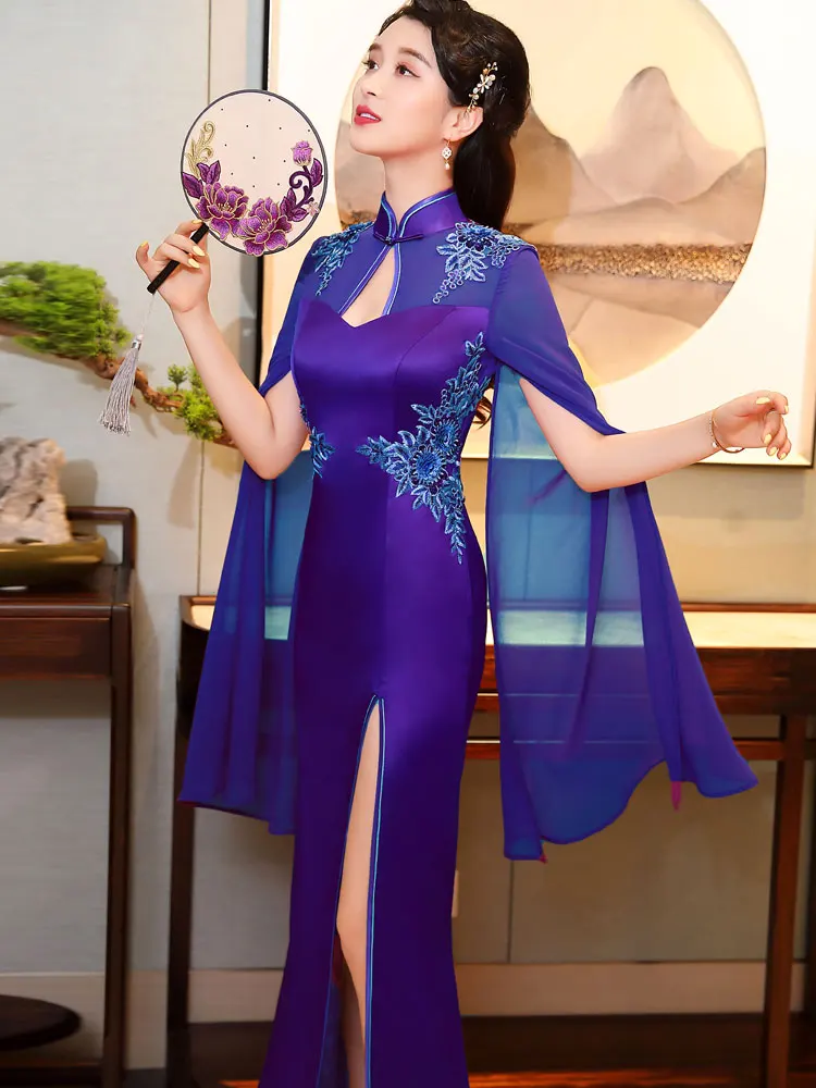 Сексуальное Тонкое раздельное длинное платье Qipao Nevoly для женщин сценическое платье китайский стиль вышивка Чонсам с цветами большой размер XXXL