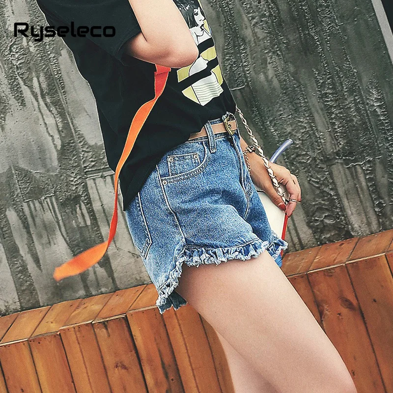2018 Vintage Pleached Women Slim Classic Denim Shorts Summer Fashion Ruffles Patchwork High Waist Casual Basic Sexy Short Jeans | Женская
