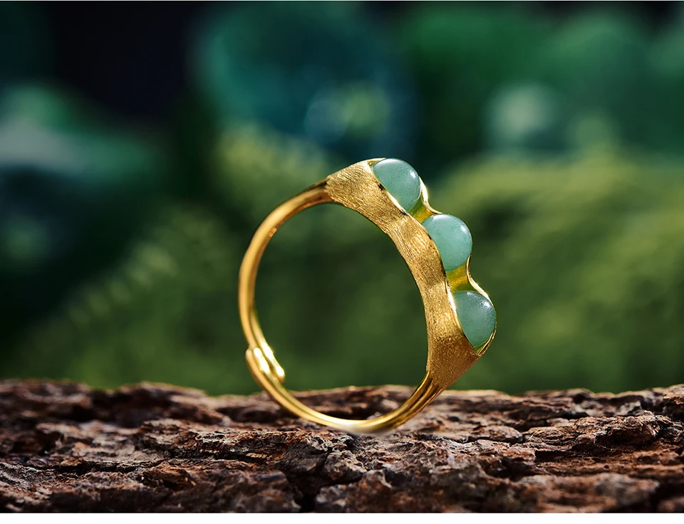 Lotus Fun Moment реальные 925 пробы серебро Винтаж модные украшения натуральный зеленый камни Творческий Горох стручки дизайн кольца
