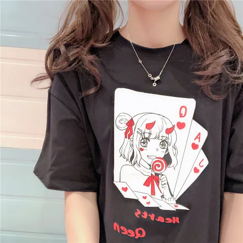 Neploe женская футболка с коротким рукавом Harajuku Janpanese Футболка с принтом для девочек Топ Повседневная Уличная одежда женские футболки 52535 - Цвет: Черный