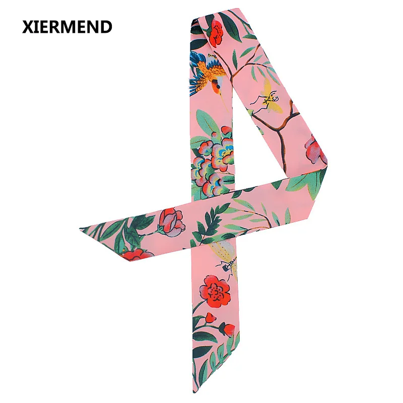 

2018 House Flower Bird Jungle Pumpkin narrow long Scarf Women's Tied Bag Handle Ribbon Hair Band Shawl head skinny scarves