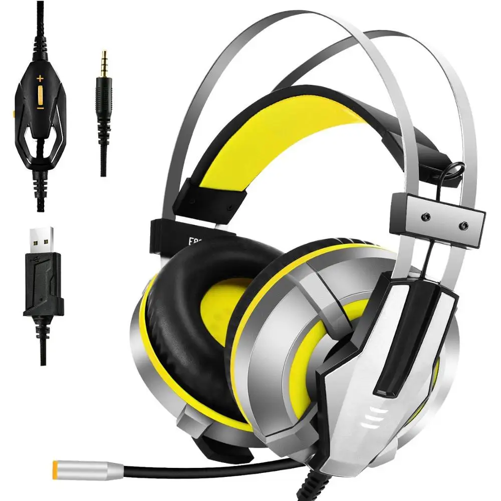 Yellow EKSA игровая гарнитура для PS4, ПК, Xbox One контроллер, шумоподавляющие Накладные наушники с микрофоном, светодиодный светильник, бас объемный - Цвет: Yellow