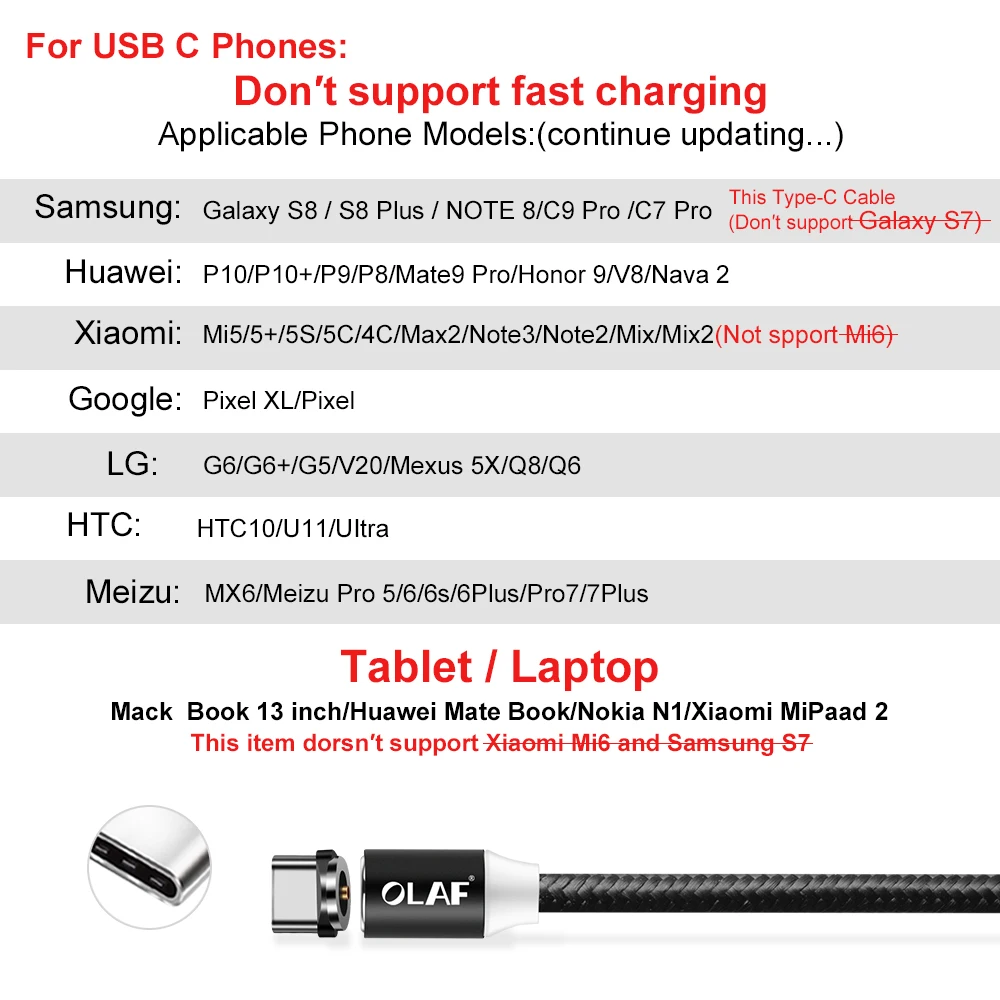 Олаф Магнитная Тип C кабель 1 м 2A светодиодный USB Зарядное устройство для huawei P20 Pro
