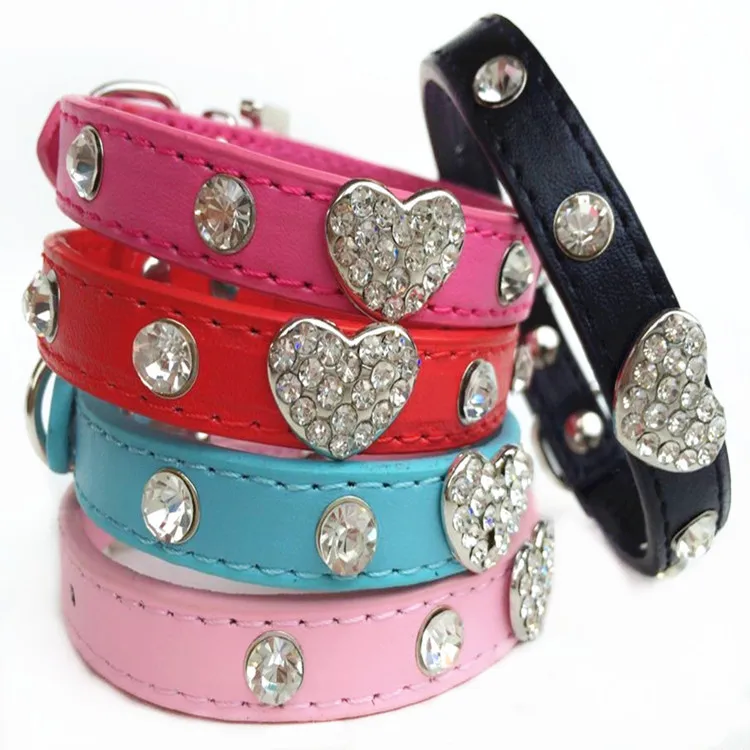 Bling rhinestone dog collar cute heart pet cat luxury diamond pu leather chihuahua small necklace pendant | Дом и сад