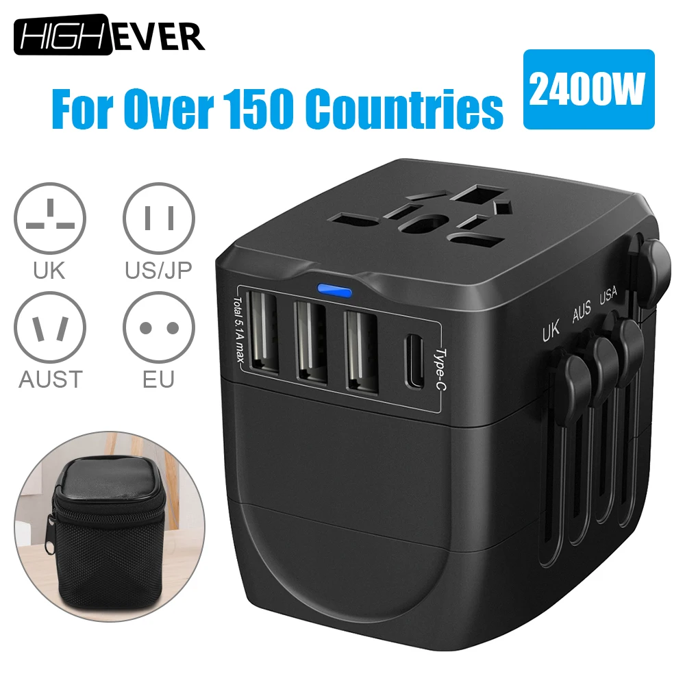 Универсальный адаптер питания Highever 2400 Вт для путешествий 5 А переходник с 3 USB