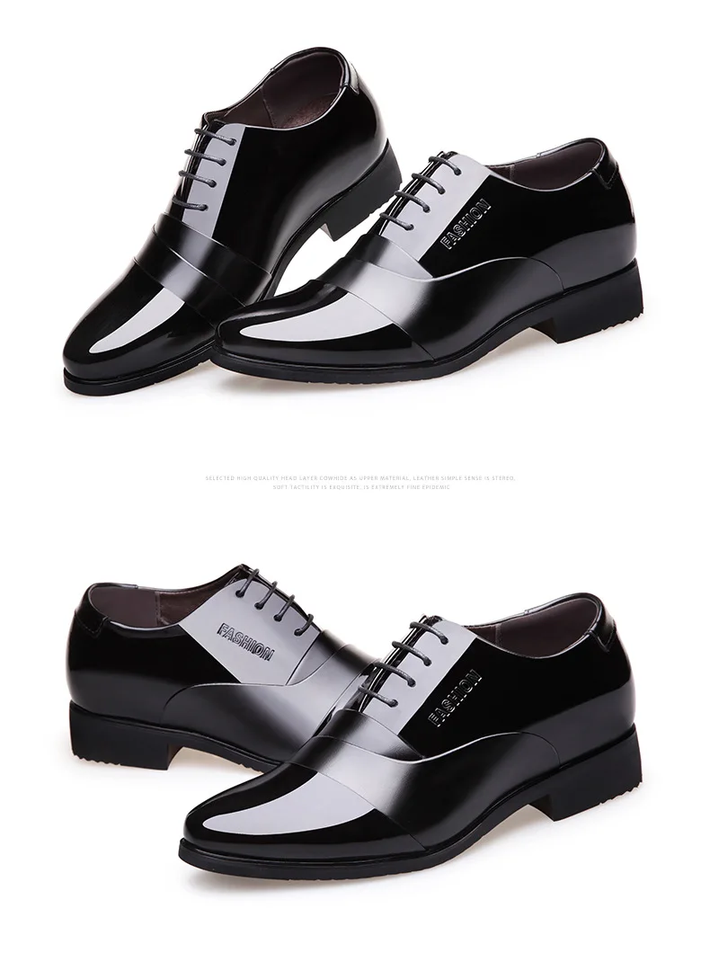 Height increasing 6CM Pointed Toe Formal Men Dress Shoes Patent Leather Wedding Shoes for Men Elegant Black Leather Shoe