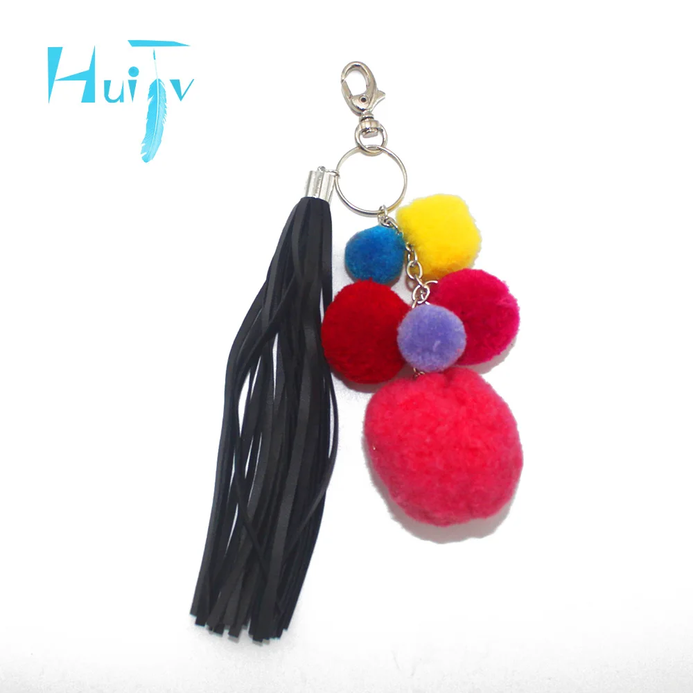 HuiJv black leather women's velvet pom bag charms vintage bohemia key chains for women boho jewelry party | Украшения и