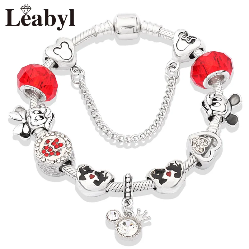 L80928 Милое платье принцессы с красной эмалью, браслет Minnie, серебряный замок, браслет из бисера, сделай сам, муранский кристалл, очаровательный браслет, браслеты для девочек - Metal Color: L80928