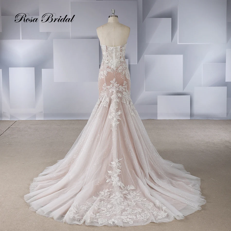 Rosabridal Mermaid wedding dress 2018 Vestido de novia wholesale strapless boning bodice appliques over gray tulle with tail | Свадьбы и