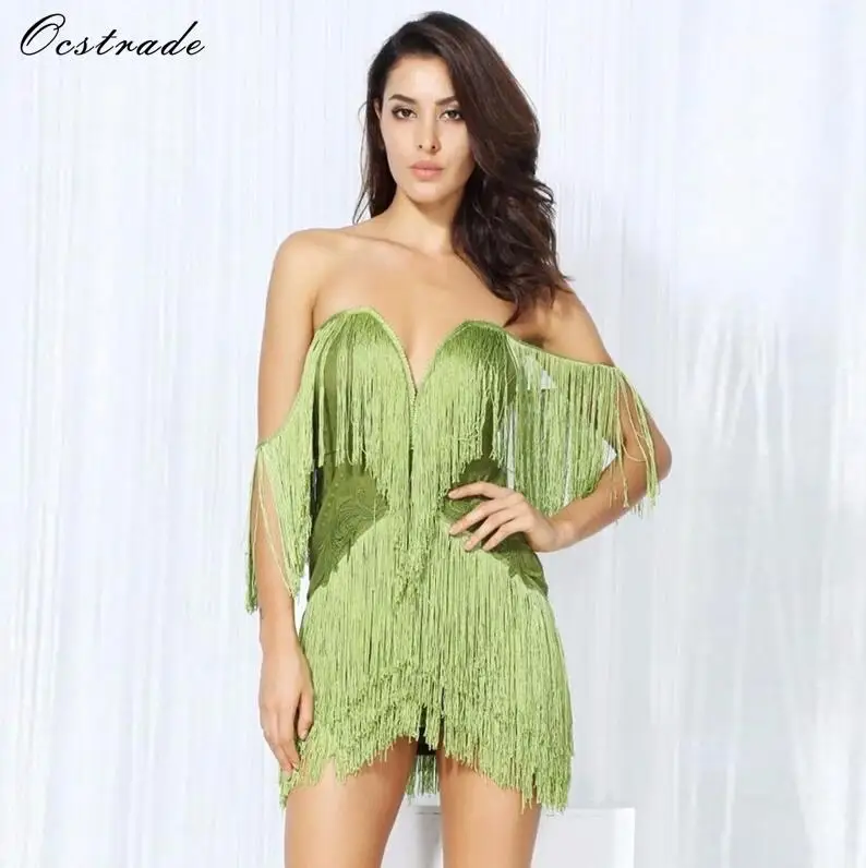 Ocstrade, сексуальное платье с кисточками,, Новое поступление, элегантное, красное, сексуальное, для девушек, мини, облегающее, платья для вечеринок, белое, черное - Цвет: Зеленый