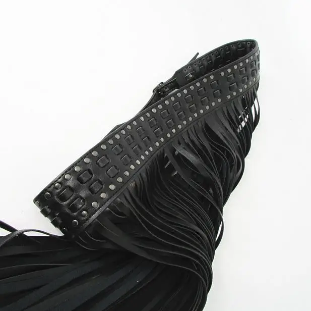 Black women's long tassel rivet rope decoration cummerbund belt europe style punk hiphop black leather waist belt feninino S30