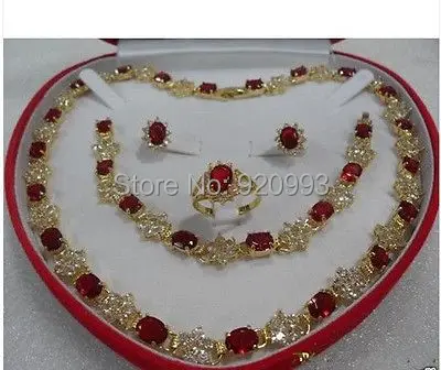 

Wholesale***women's gift true red Zircon 14KGP Earring Bracelet Necklace Ring