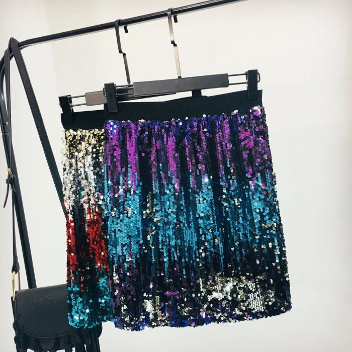 Красочные блестки юбка женская новая весенне-летняя тонкая юбка с пайетками для девочек Женская мода один шаг юбки Vestidos