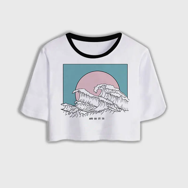 Футболка женская с коротким рукавом и японским принтом волны|Футболки| |