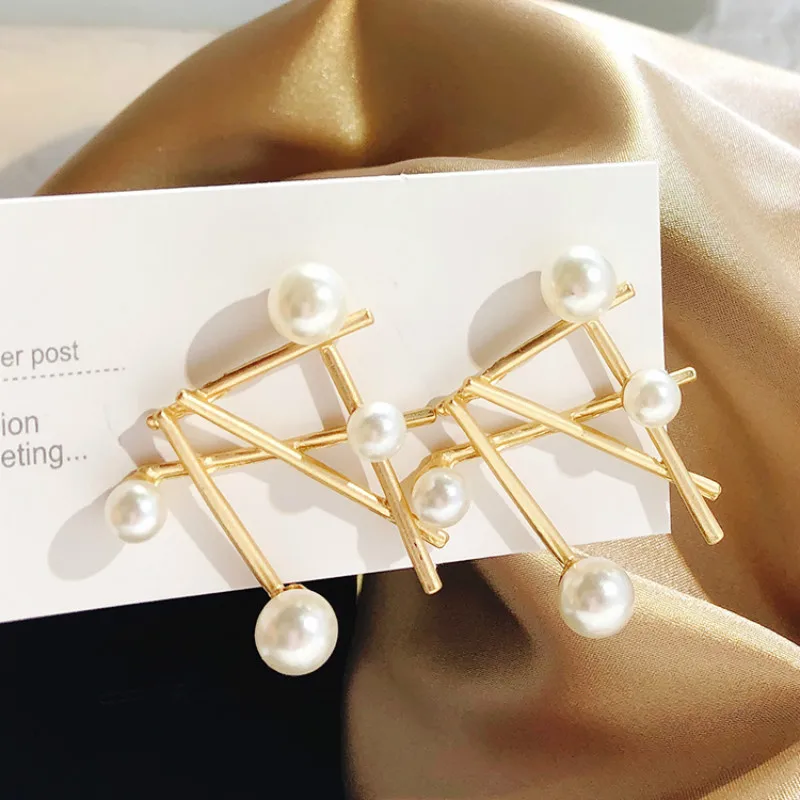 Женские серьги с подвесками металлические геометрические жемчугом Эффектные