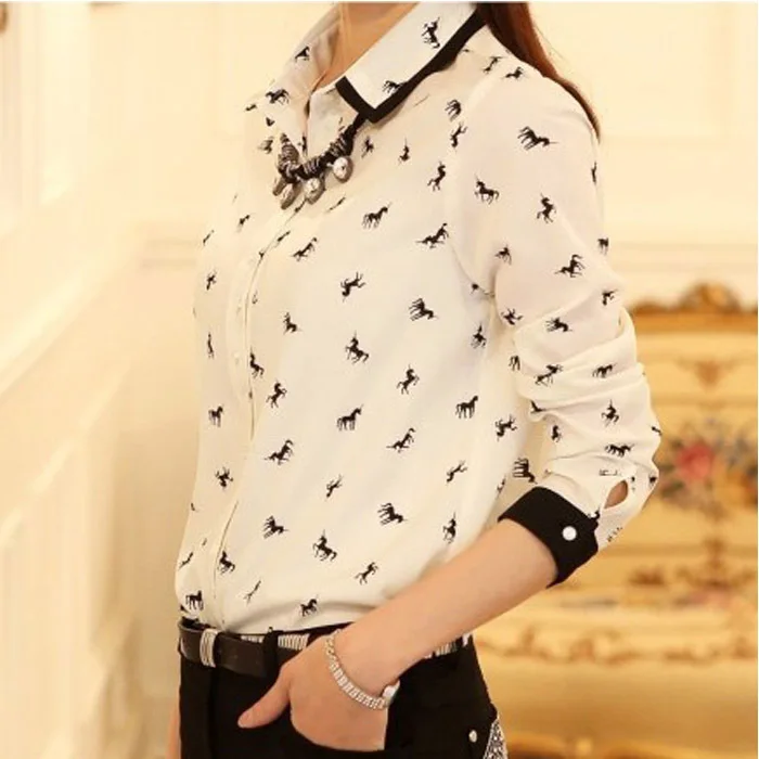 Корейский Верховая Отпечатано С Длинным Рукавом Элегантных Женщин Шифон